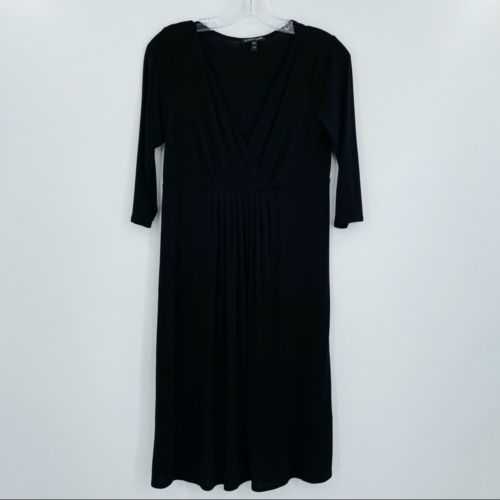 Eileen Fisher 100% silk black midi dress faux wrap v neck women’s size XS